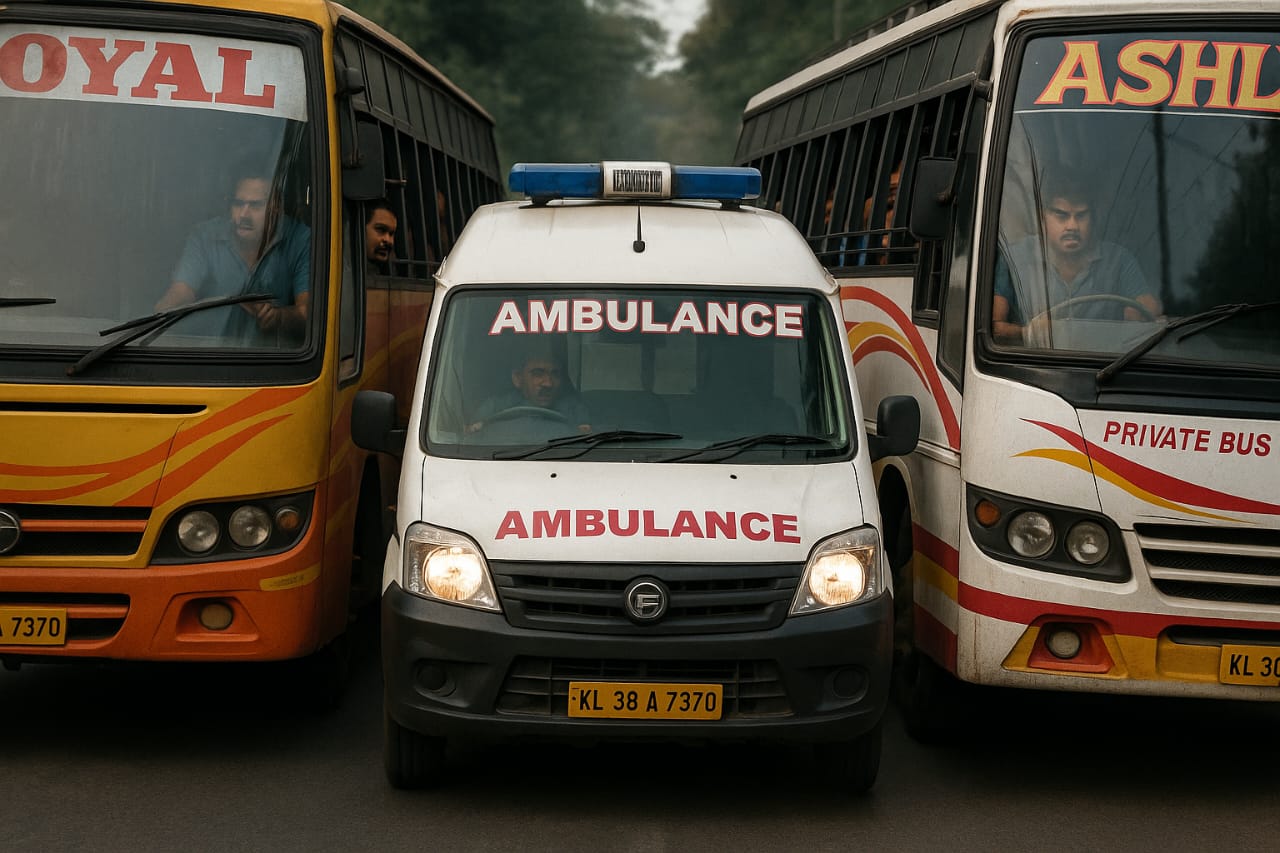 ആംബുലൻസിന് വഴിയില്ല; സ്വകാര്യ ബസ് ഡ്രൈവർമാരുടെ അപകടമായ മത്സരം