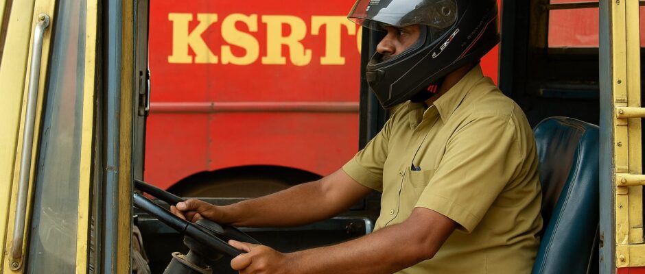 തല രക്ഷിക്കാൻ ഹെൽമറ്റ്; പണിമുടക്കിനിടെ ബസ് ഓടിച്ച് കെ.എസ്.ആർ.ടി.സി ഡ്രൈവർ ശ്രദ്ധയിൽ