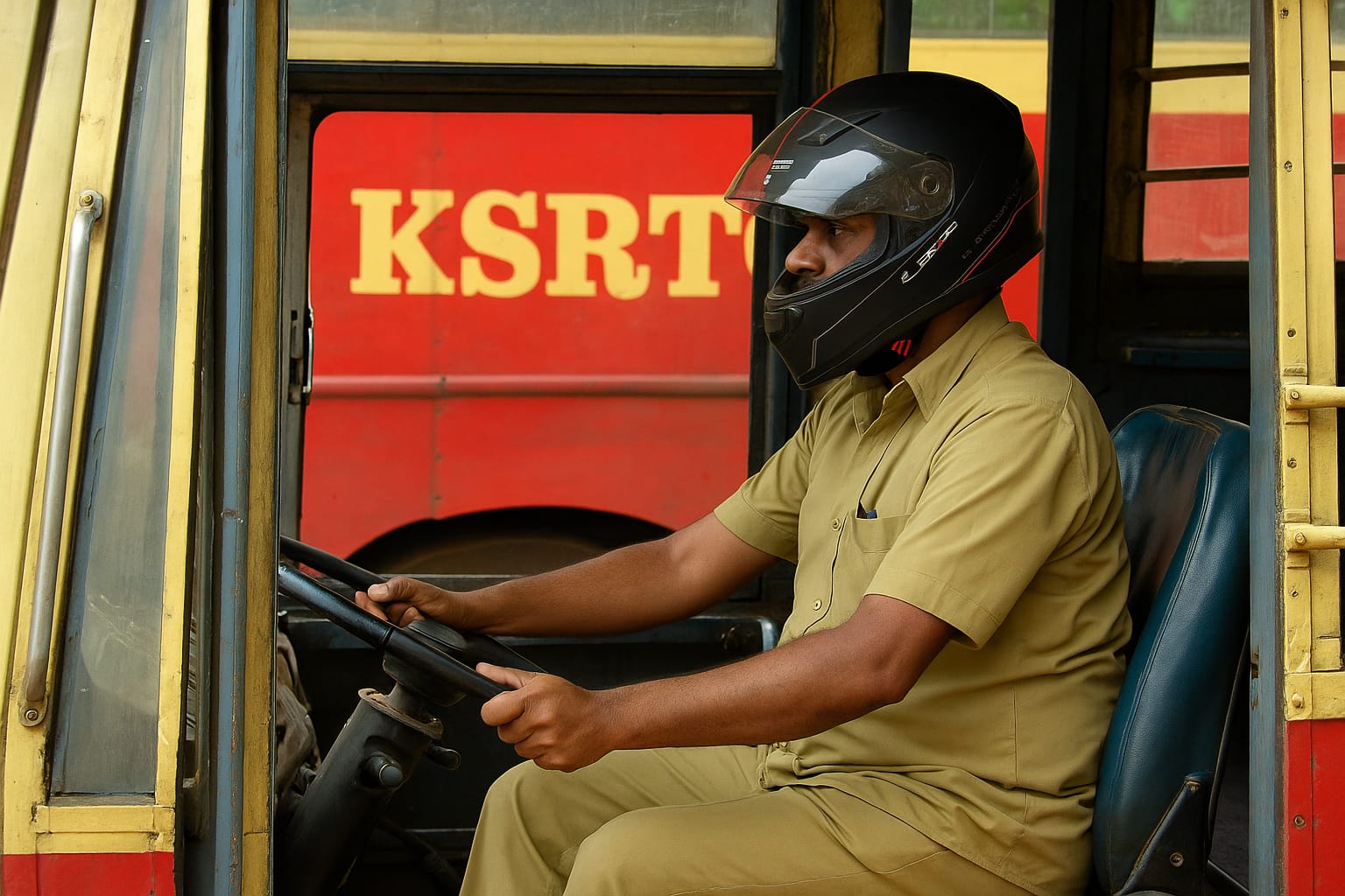 തല രക്ഷിക്കാൻ ഹെൽമറ്റ്; പണിമുടക്കിനിടെ ബസ് ഓടിച്ച് കെ.എസ്.ആർ.ടി.സി ഡ്രൈവർ ശ്രദ്ധയിൽ