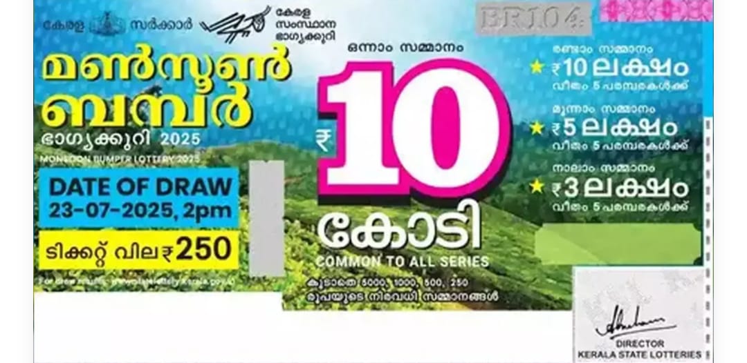 കണ്ണൂരിന് മൺസൂൺ ബംപർ; ഒന്നാം സമ്മാനം MC 678572 എന്ന ടിക്കറ്റിന്