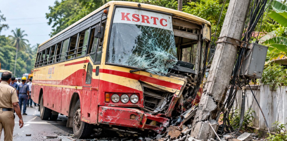 കോഴിക്കോട് ചെലവൂരിൽ കെഎസ്ആർടിസി ബസ് പോസ്റ്റിലിടിച്ചു; ഡ്രൈവർക്ക് ഗുരുതര പരിക്ക്